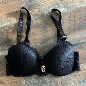 Bebe Black Lace Bra with Gold Logo and leopard detail